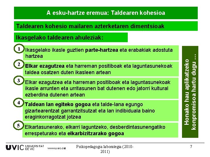 A esku-hartze eremua: Taldearen kohesioa Taldearen kohesio mailaren azterketaren dimentsioak 1 Ikasgelako ikasle guztien