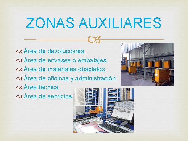 ZONAS AUXILIARES Área de devoluciones. Área de envases o embalajes. Área de materiales obsoletos.