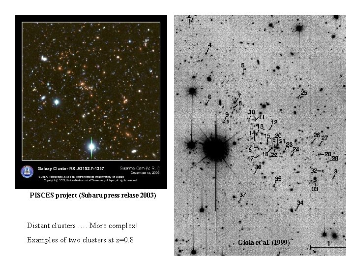 PISCES project (Subaru press relase 2003) Distant clusters …. More complex! Examples of two