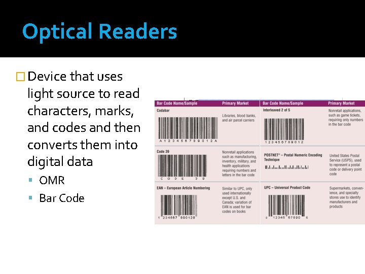 Optical Readers � Device that uses light source to read characters, marks, and codes Optical Readers � Device that uses light source to read characters, marks, and codes