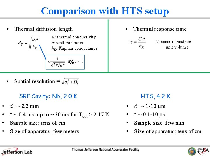 Comparison with HTS setup • Thermal diffusion length • Thermal response time k: thermal