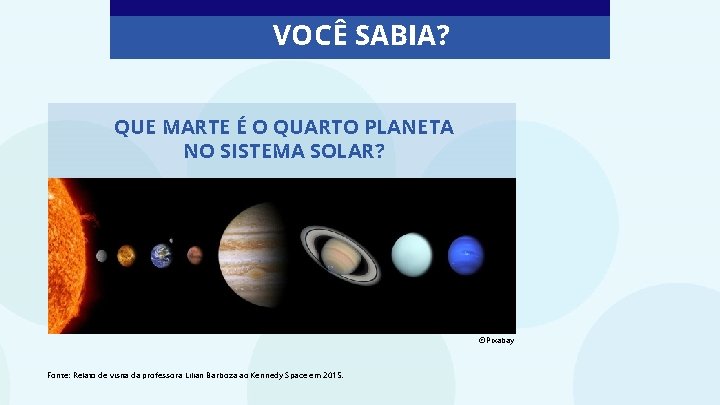 VOCÊ SABIA? QUE MARTE É O QUARTO PLANETA NO SISTEMA SOLAR? ©Pixabay Fonte: Relato