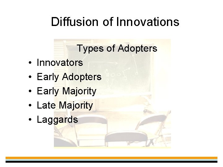 Diffusion of Innovations • • • Types of Adopters Innovators Early Adopters Early Majority