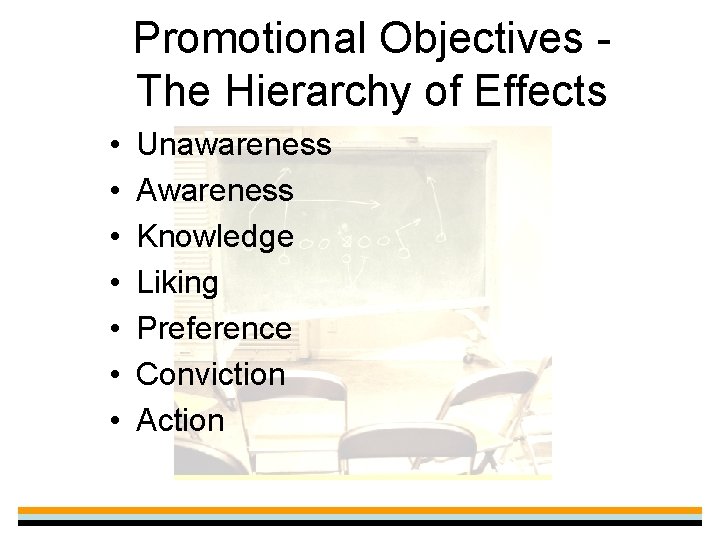 Promotional Objectives The Hierarchy of Effects • • Unawareness Awareness Knowledge Liking Preference Conviction