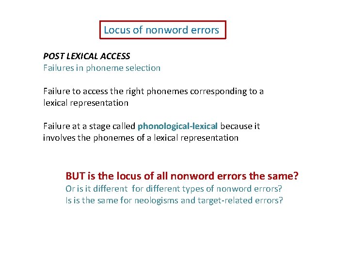 Locus of nonword errors POST LEXICAL ACCESS Failures in phoneme selection Failure to access