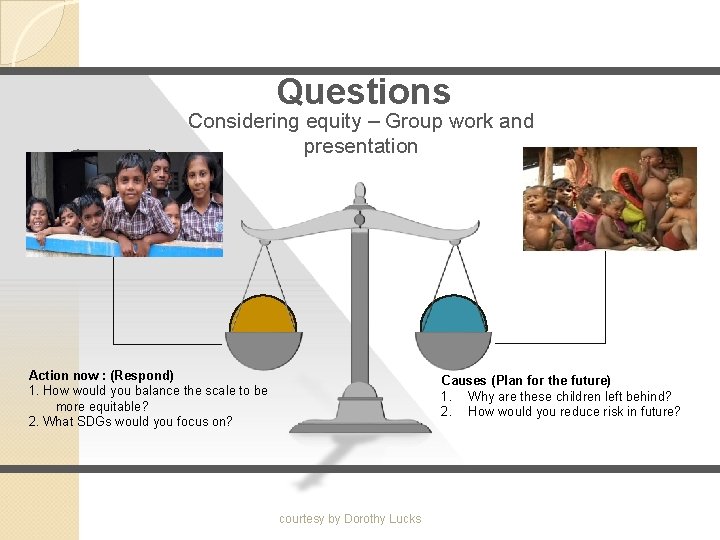 Questions Considering equity – Group work and presentation Add more information about this side