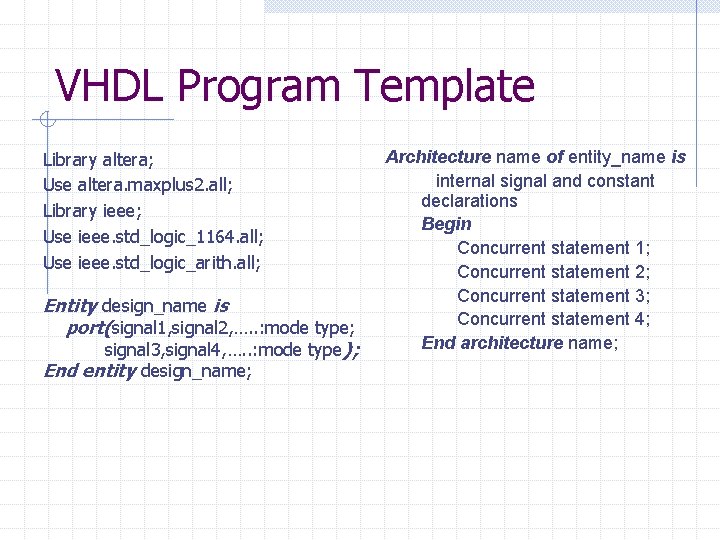 VHDL Program Template Library altera; Use altera. maxplus 2. all; Library ieee; Use ieee.