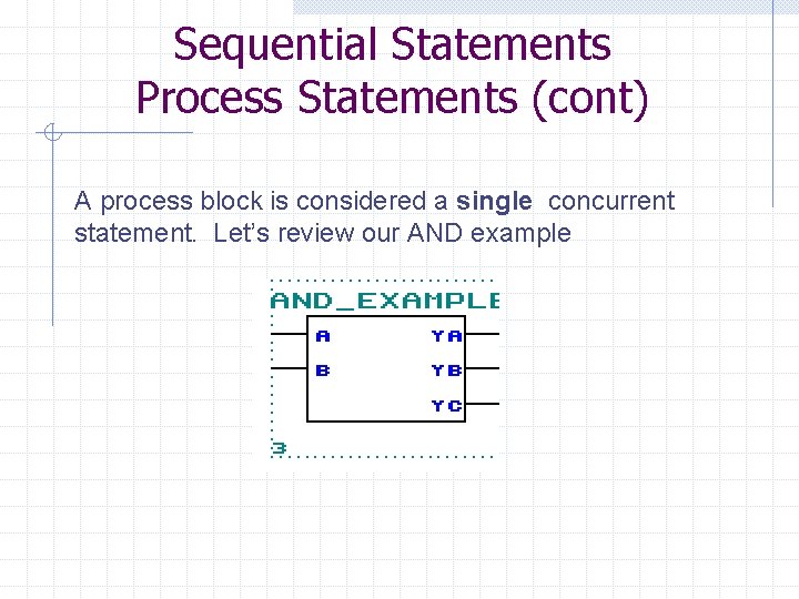 Sequential Statements Process Statements (cont) A process block is considered a single concurrent statement.