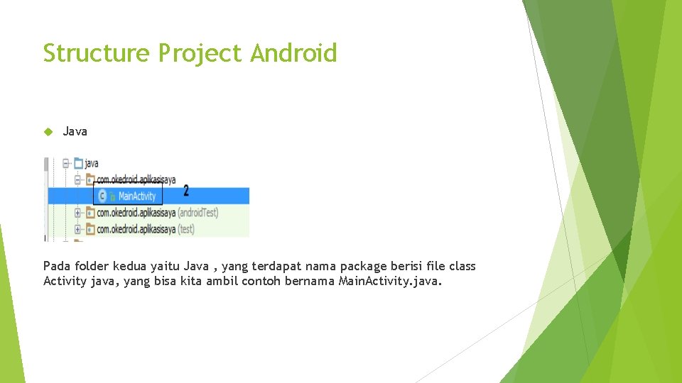 Structure Project Android Java Pada folder kedua yaitu Java , yang terdapat nama package