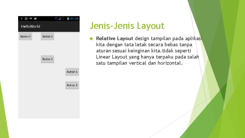 Jenis-Jenis Layout Relative Layout design tampilan pada aplikasi kita dengan tata letak secara bebas