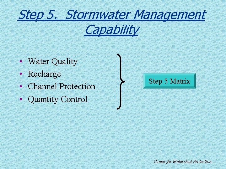 Step 5. Stormwater Management Capability • • Water Quality Recharge Channel Protection Quantity Control
