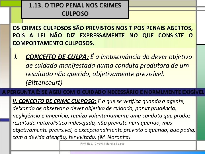 1. 13. O TIPO PENAL NOS CRIMES CULPOSOS SÃO PREVISTOS NOS TIPOS PENAIS ABERTOS,