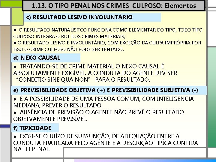 1. 13. O TIPO PENAL NOS CRIMES CULPOSO: Elementos c) RESULTADO LESIVO INVOLUNTÁRIO ●