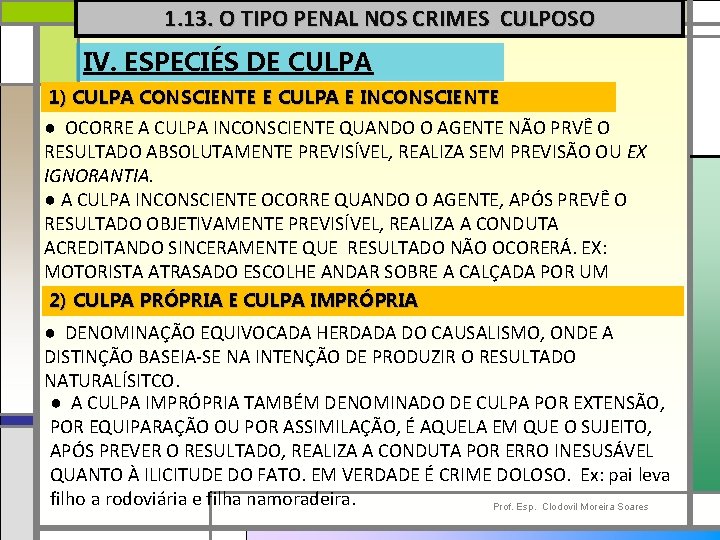 1. 13. O TIPO PENAL NOS CRIMES CULPOSO IV. ESPECIÉS DE CULPA 1) CULPA