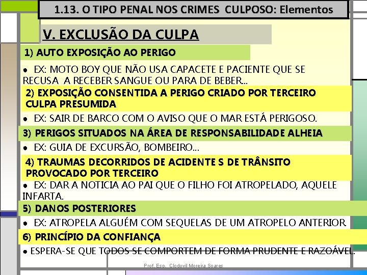 1. 13. O TIPO PENAL NOS CRIMES CULPOSO: Elementos V. EXCLUSÃO DA CULPA 1)