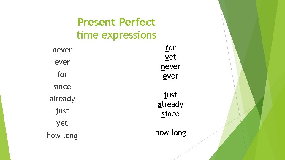 Present Perfect time expressions never for since already just for yet never just already