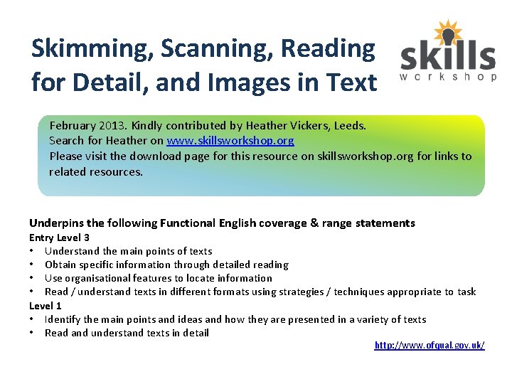 Skimming, Scanning, Reading for Detail, and Images in Text February 2013. Kindly contributed by