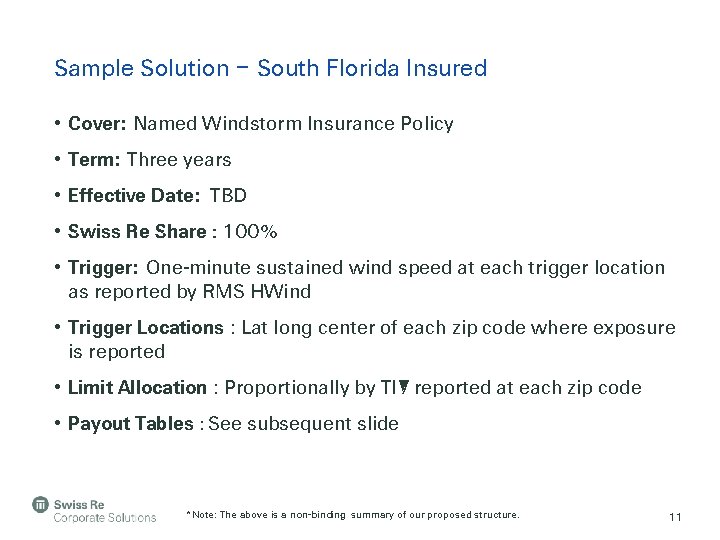 Sample Solution – South Florida Insured • Cover: Named Windstorm Insurance Policy • Term: