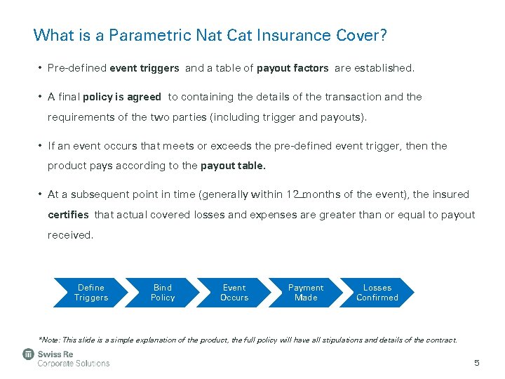 What is a Parametric Nat Cat Insurance Cover? • Pre-defined event triggers and a