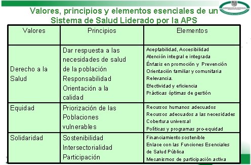 Valores, principios y elementos esenciales de un Sistema de Salud Liderado por la APS