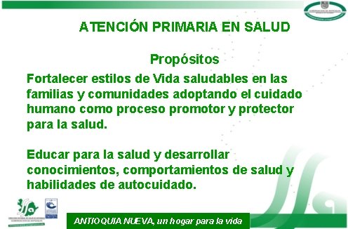 ATENCIÓN PRIMARIA EN SALUD Propósitos Fortalecer estilos de Vida saludables en las familias y