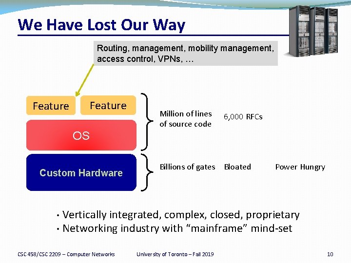 We Have Lost Our Way Routing, management, mobility management, access control, VPNs, … Feature