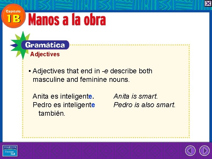 Adjectives • Adjectives that end in -e describe both masculine and feminine nouns. Anita