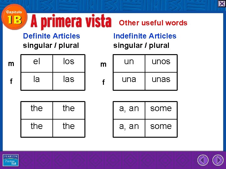 Other useful words Definite Articles singular / plural Indefinite Articles singular / plural m