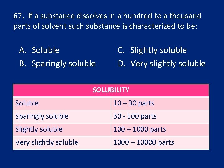 67. If a substance dissolves in a hundred to a thousand parts of solvent