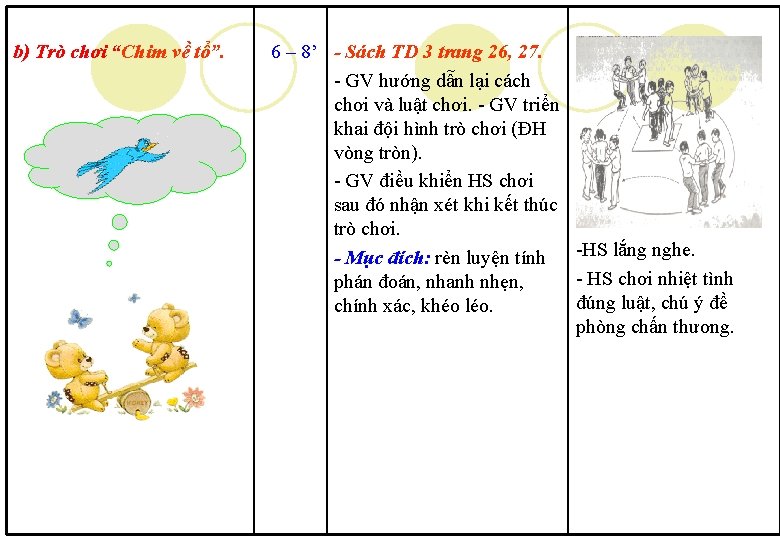 b) Trò chơi “Chim về tổ”. 6 – 8’ - Sách TD 3 trang