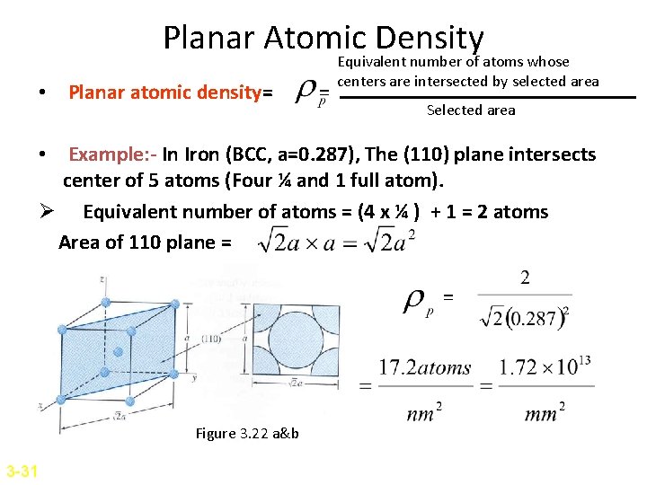 Planar Atomic Density • Planar atomic density= = Equivalent number of atoms whose centers