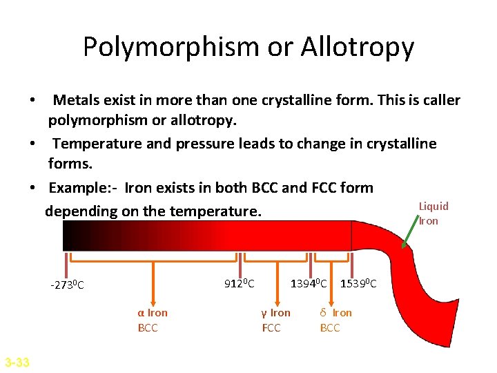 Polymorphism or Allotropy • Metals exist in more than one crystalline form. This is