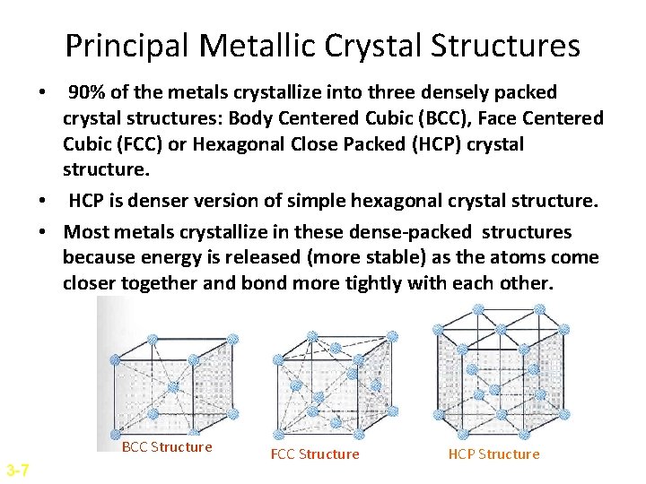 Principal Metallic Crystal Structures • 90% of the metals crystallize into three densely packed