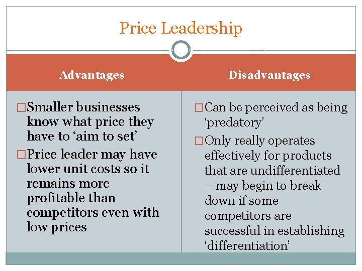 Price Leadership Advantages �Smaller businesses know what price they have to ‘aim to set’ Price Leadership Advantages �Smaller businesses know what price they have to ‘aim to set’