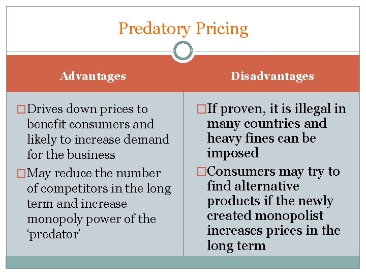 Predatory Pricing Advantages �Drives down prices to benefit consumers and likely to increase demand Predatory Pricing Advantages �Drives down prices to benefit consumers and likely to increase demand