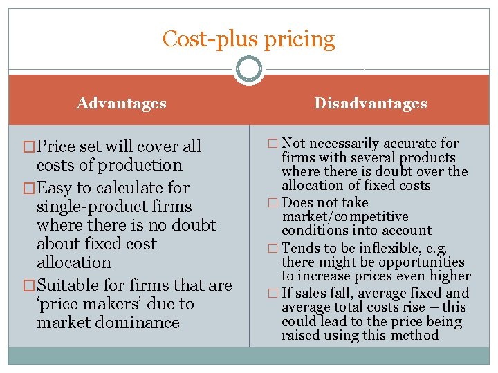 Cost-plus pricing Advantages �Price set will cover all costs of production �Easy to calculate Cost-plus pricing Advantages �Price set will cover all costs of production �Easy to calculate