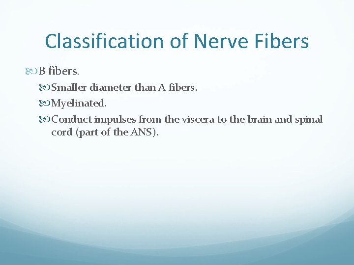 Classification of Nerve Fibers B fibers. Smaller diameter than A fibers. Myelinated. Conduct impulses