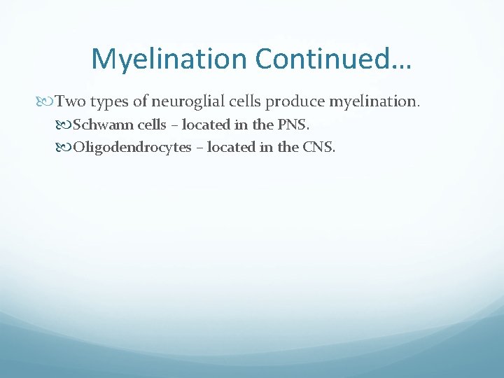 Myelination Continued… Two types of neuroglial cells produce myelination. Schwann cells – located in