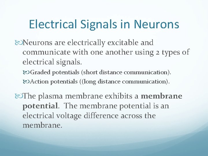 Electrical Signals in Neurons are electrically excitable and communicate with one another using 2