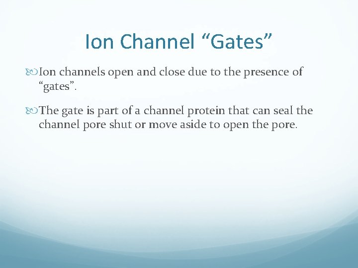 Ion Channel “Gates” Ion channels open and close due to the presence of “gates”.