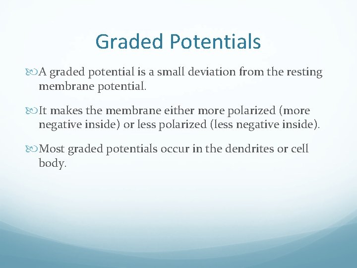 Graded Potentials A graded potential is a small deviation from the resting membrane potential.