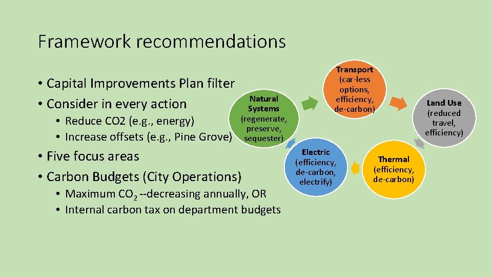 Framework recommendations • Capital Improvements Plan filter • Consider in every action • Reduce