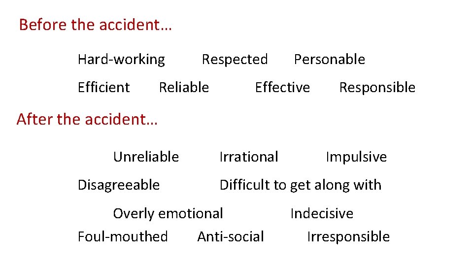 Before the accident… Hard-working Efficient Respected Reliable Personable Effective Responsible After the accident… Unreliable
