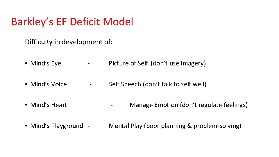 Barkley’s EF Deficit Model Difficulty in development of: • Mind’s Eye - Picture of