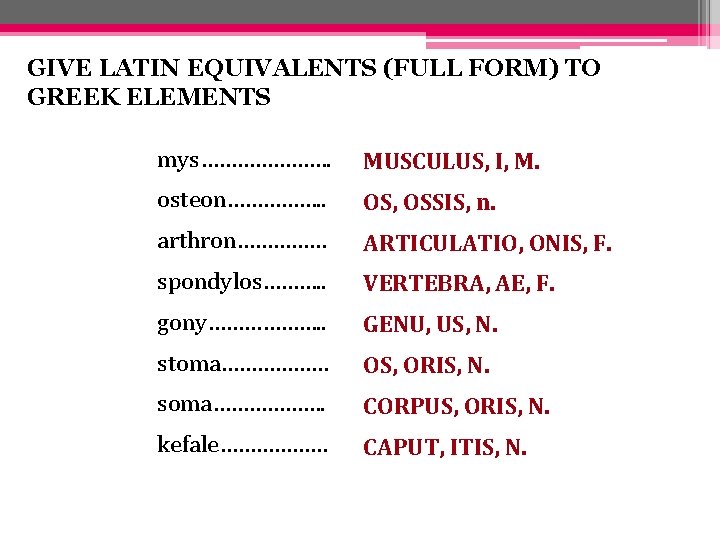 GIVE LATIN EQUIVALENTS (FULL FORM) TO GREEK ELEMENTS mys…………………. MUSCULUS, I, M. osteon……………. .