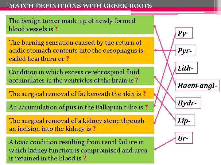 MATCH DEFINITIONS WITH GREEK ROOTS The benign tumor made up of newly formed blood