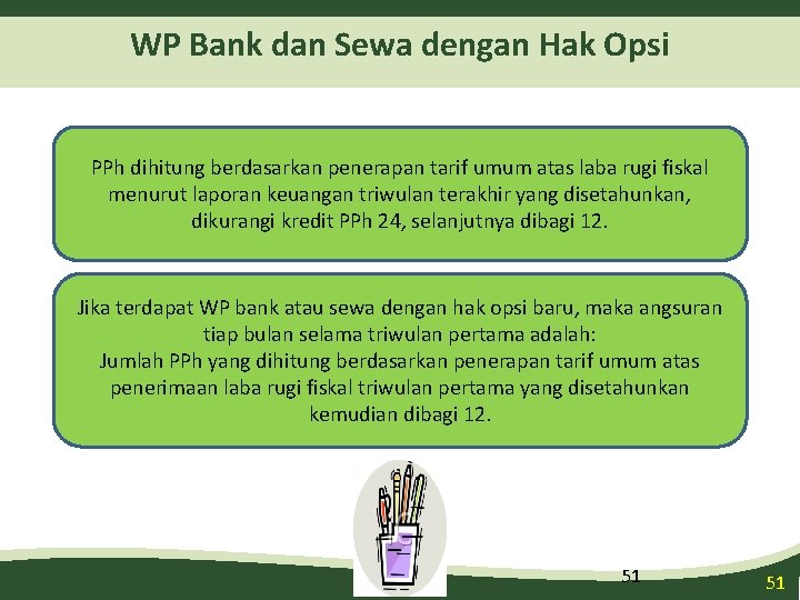 WP Bank dan Sewa dengan Hak Opsi PPh dihitung berdasarkan penerapan tarif umum atas
