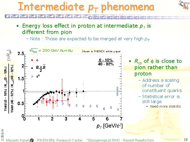 Intermediate p. T phenomena • Energy loss effect in proton at intermediate p. T