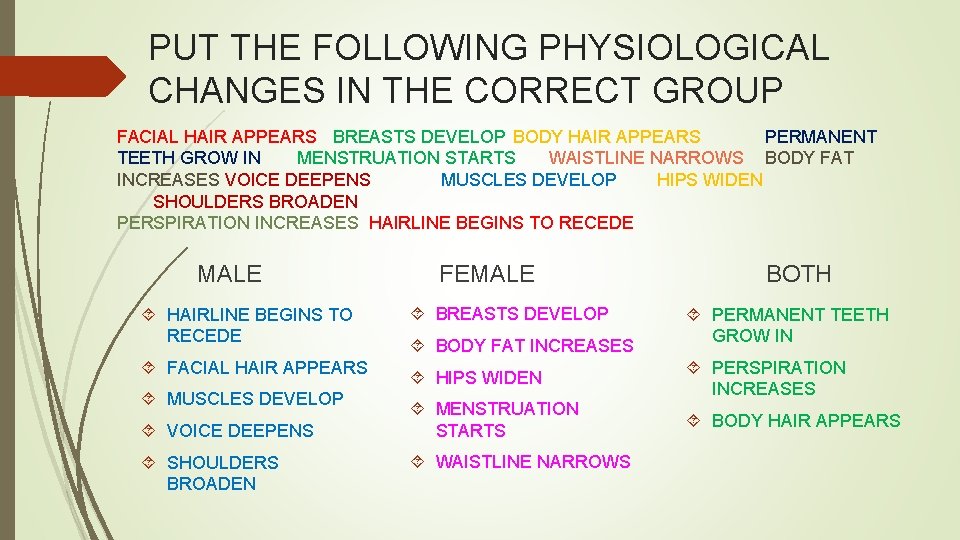 PUT THE FOLLOWING PHYSIOLOGICAL CHANGES IN THE CORRECT GROUP FACIAL HAIR APPEARS BREASTS DEVELOP