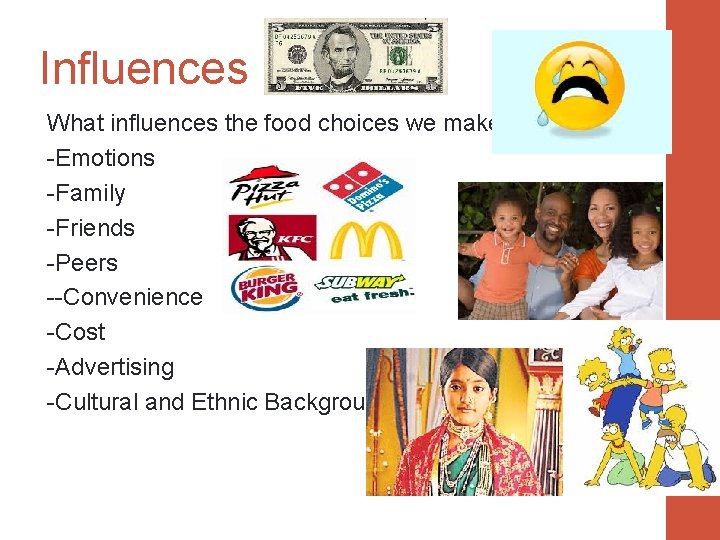 Influences What influences the food choices we make? -Emotions -Family -Friends -Peers --Convenience -Cost